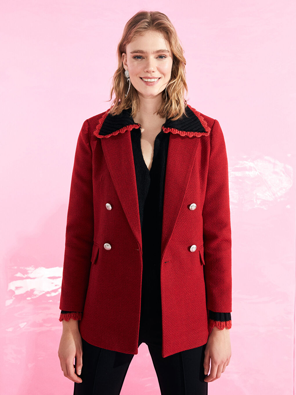 Kırmızı Düz Uzun Kollu Kadın Tüvit Blazer Ceket