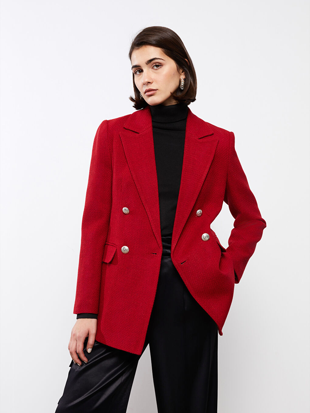 Kırmızı Düz Uzun Kollu Kadın Tüvit Blazer Ceket-1