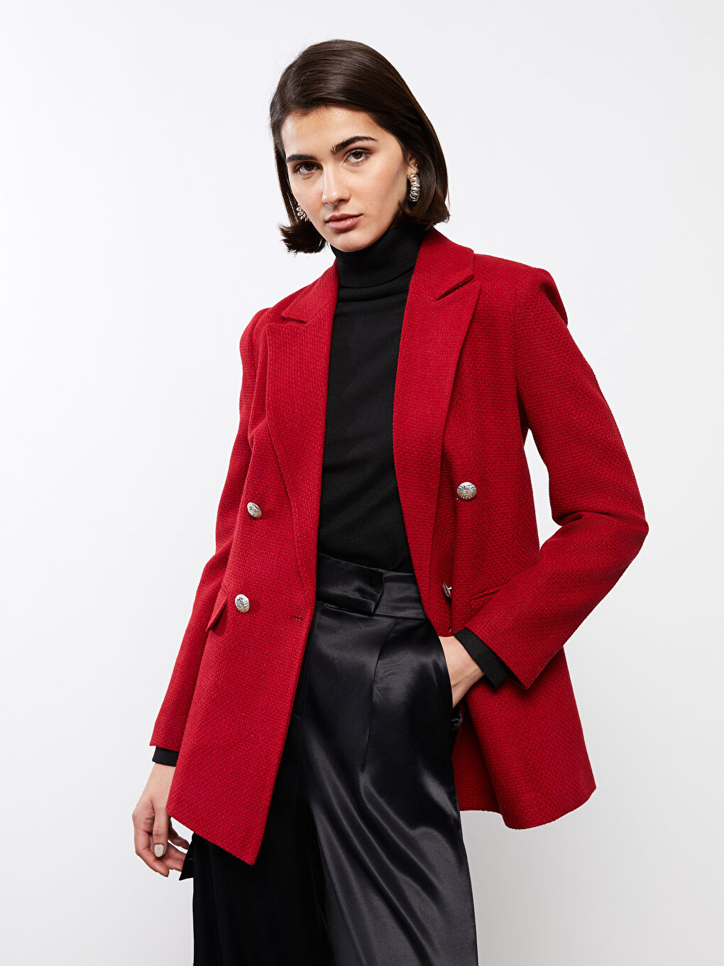 Kırmızı Düz Uzun Kollu Kadın Tüvit Blazer Ceket-2