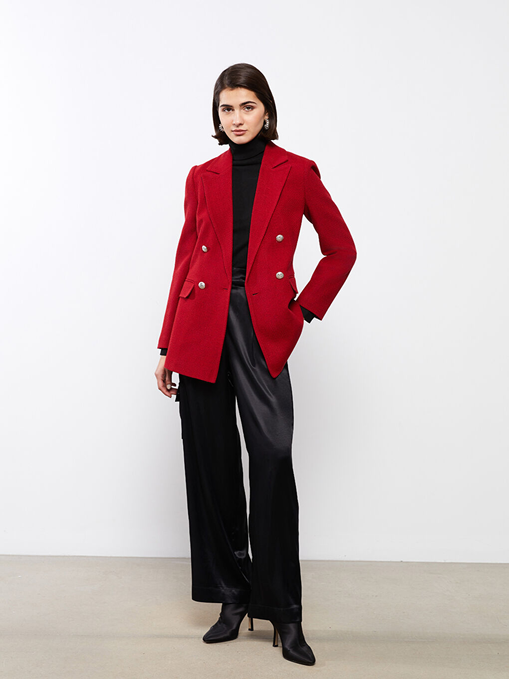 Kırmızı Düz Uzun Kollu Kadın Tüvit Blazer Ceket-3