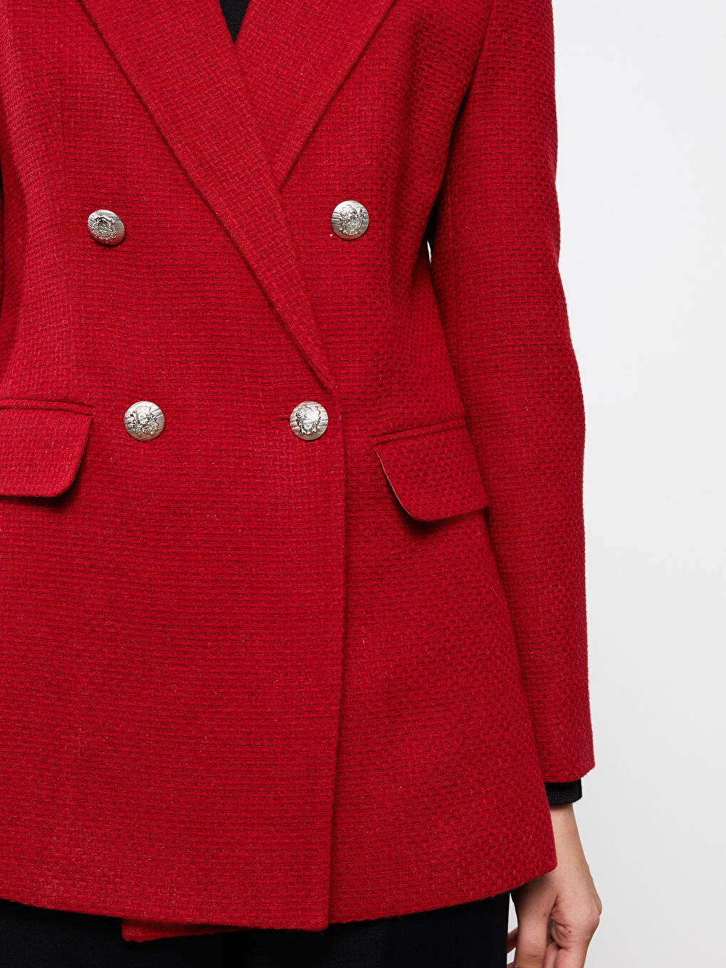 Kırmızı Düz Uzun Kollu Kadın Tüvit Blazer Ceket-4