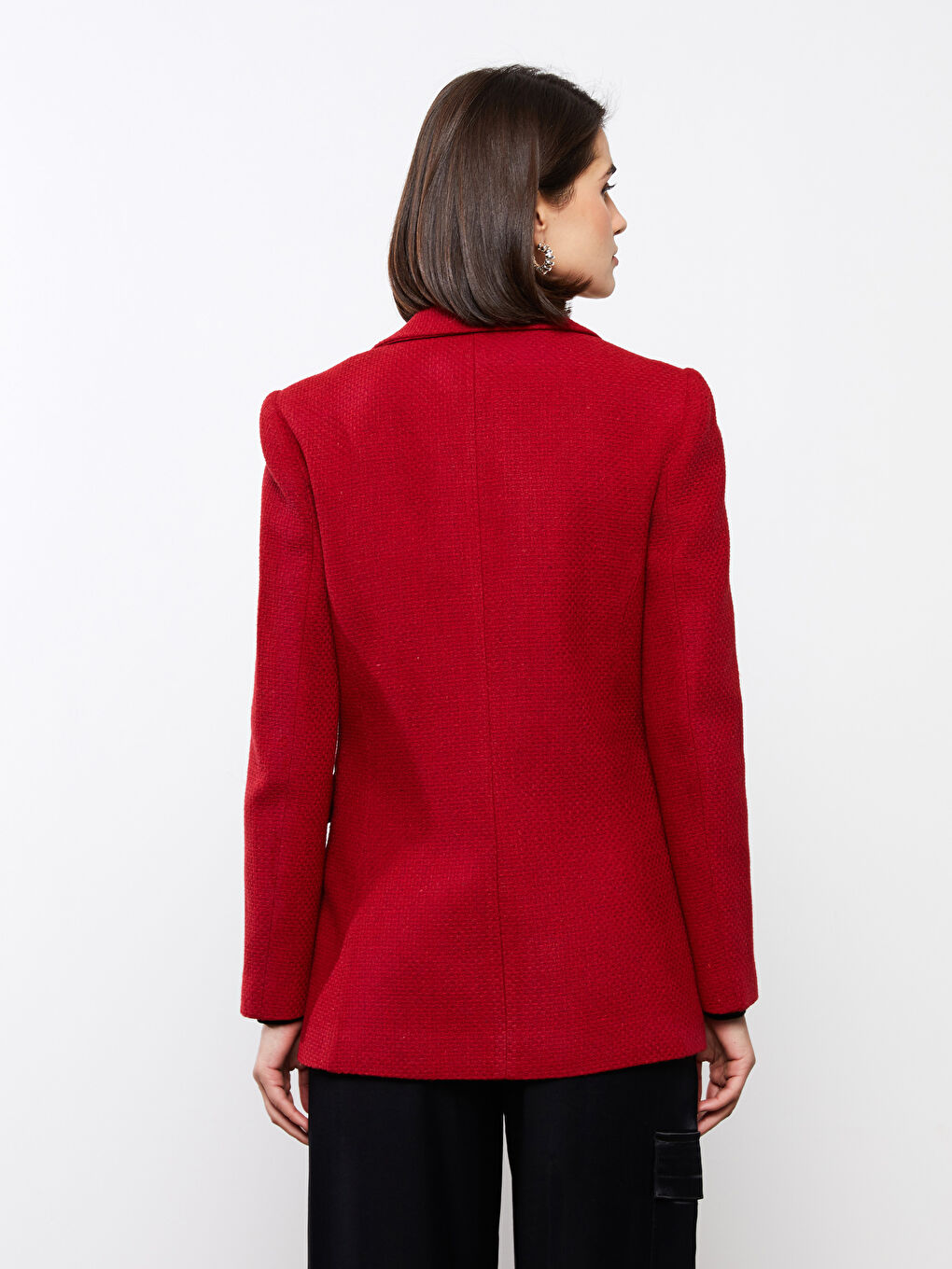 Kırmızı Düz Uzun Kollu Kadın Tüvit Blazer Ceket-5