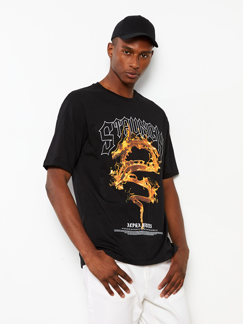 Siyah Bisiklet Yaka Kısa Kollu Baskılı Penye Erkek Tişört-1