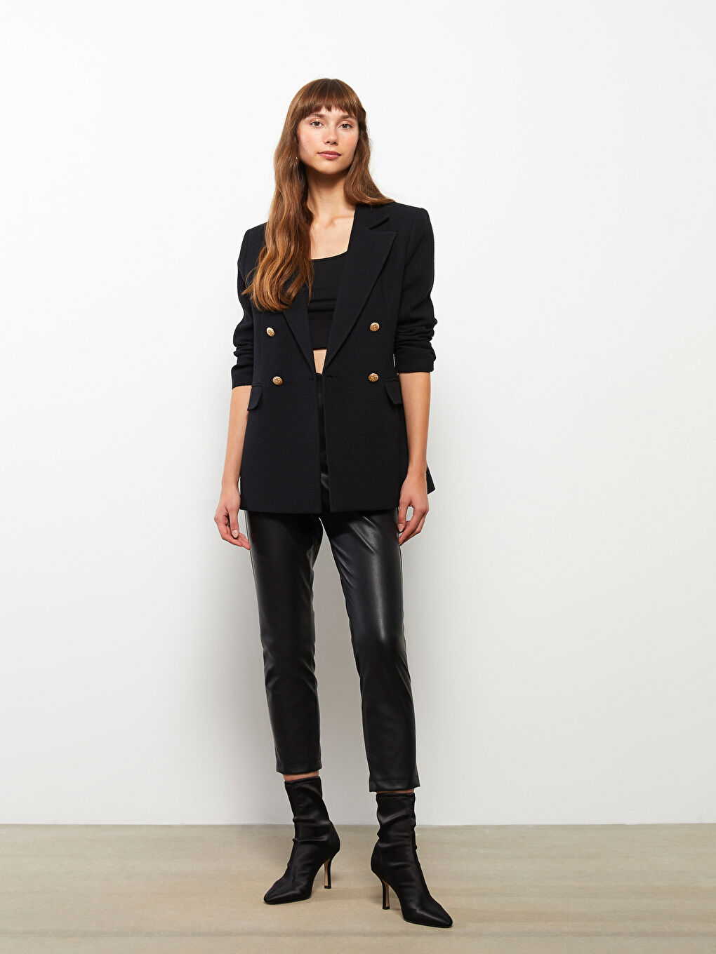 Siyah Düz Uzun Kollu Kadın Tüvit Blazer Ceket