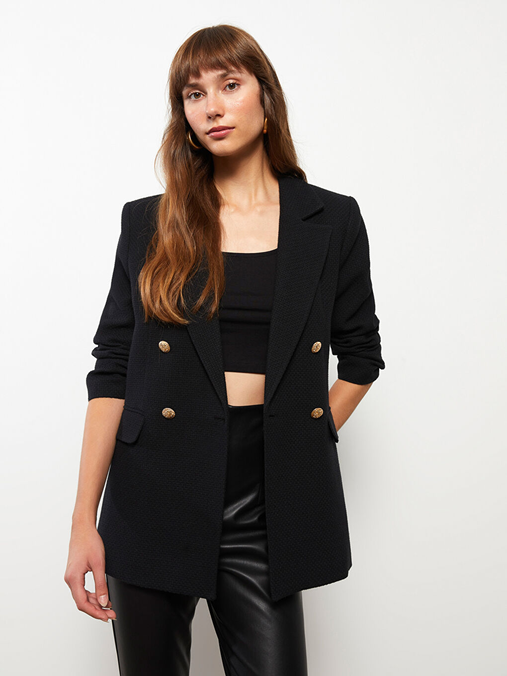 Siyah Düz Uzun Kollu Kadın Tüvit Blazer Ceket-1
