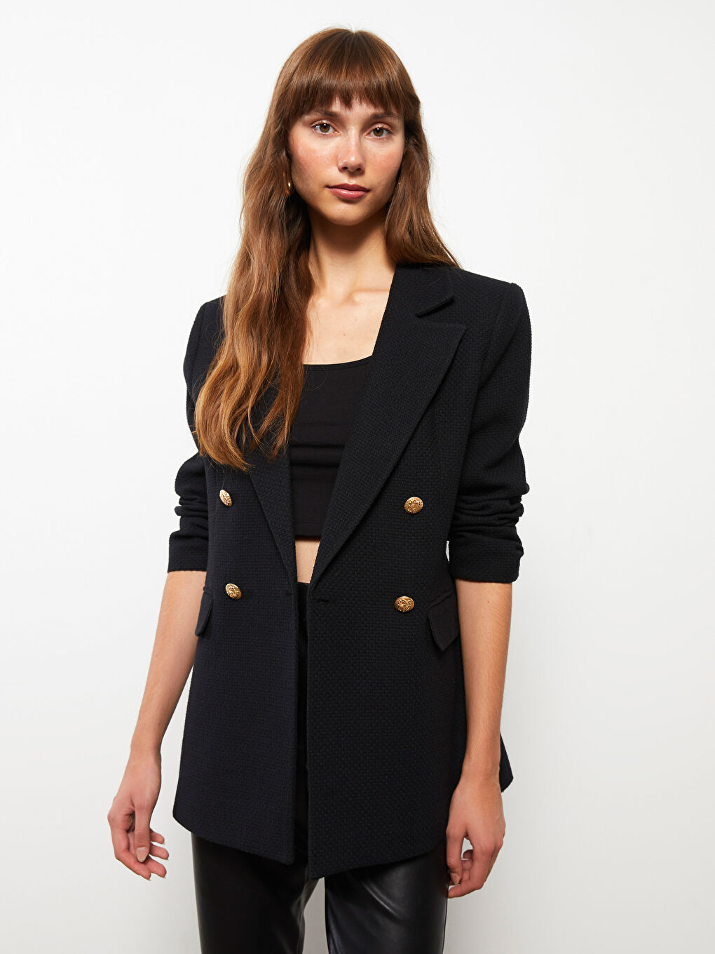 Siyah Düz Uzun Kollu Kadın Tüvit Blazer Ceket-2