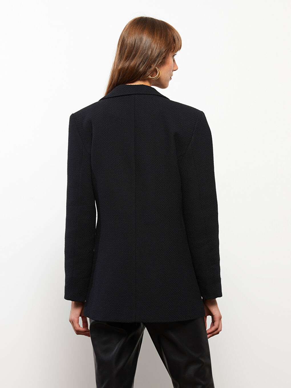Siyah Düz Uzun Kollu Kadın Tüvit Blazer Ceket-4