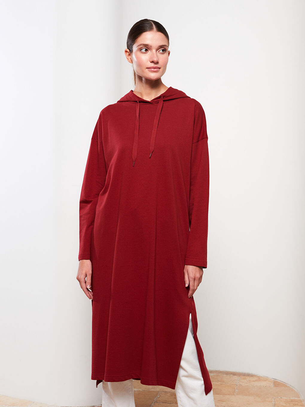 Bordo Kapüşonlu Düz Uzun Kollu Oversize Kadın Sweatshirt Tunik-1