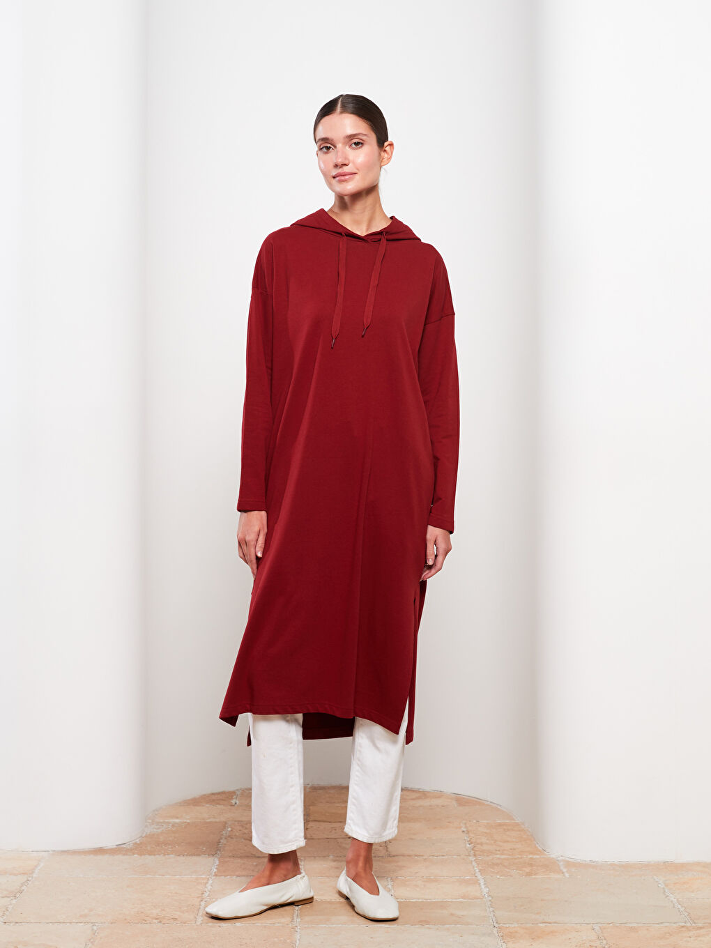 Bordo Kapüşonlu Düz Uzun Kollu Oversize Kadın Sweatshirt Tunik-2