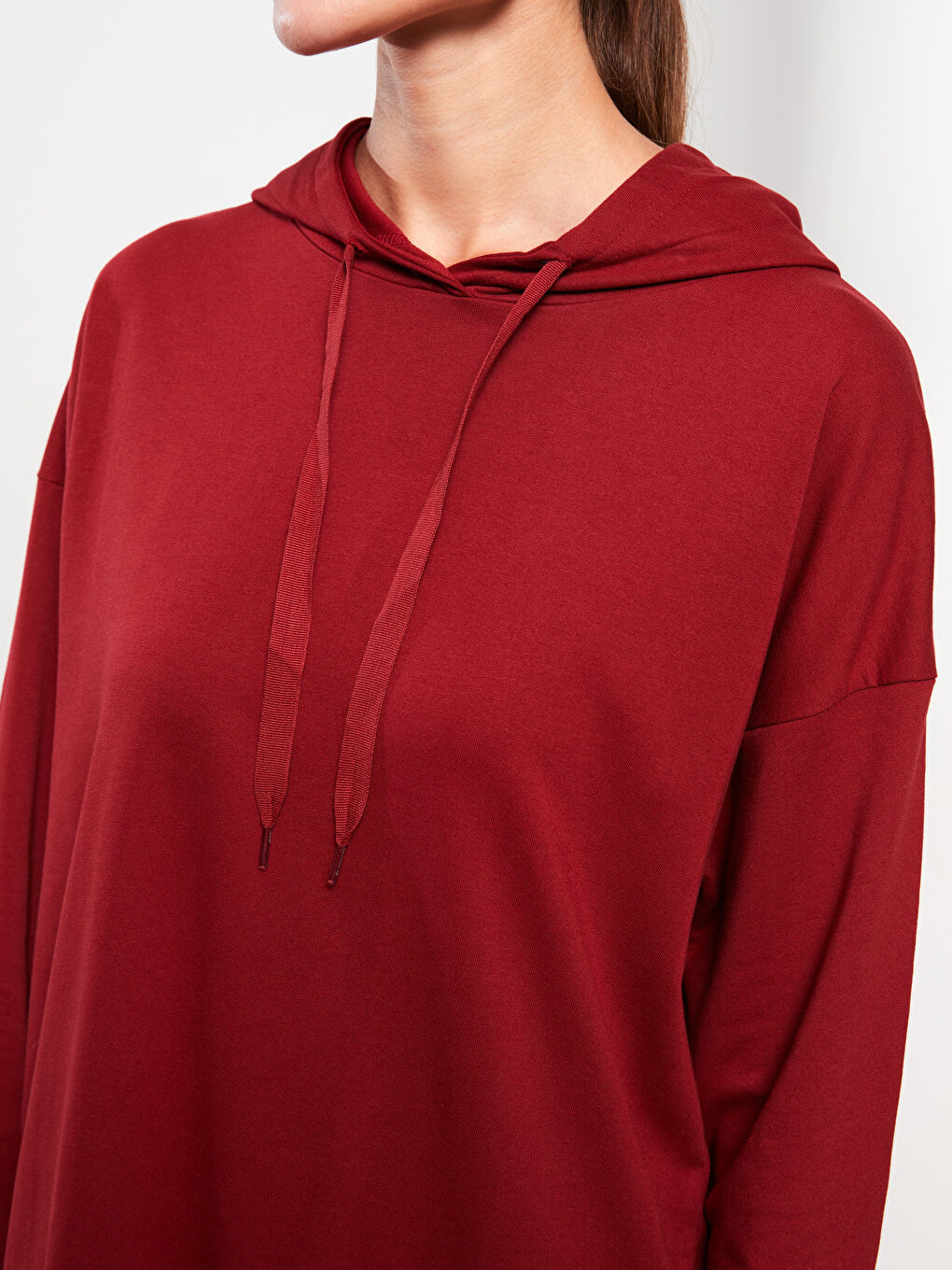 Bordo Kapüşonlu Düz Uzun Kollu Oversize Kadın Sweatshirt Tunik-3