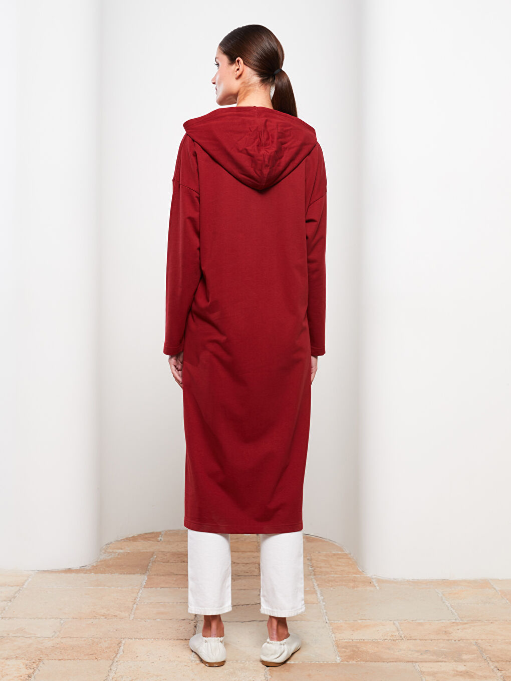 Bordo Kapüşonlu Düz Uzun Kollu Oversize Kadın Sweatshirt Tunik-4
