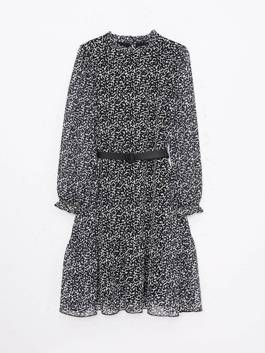 Siyah Dik Yaka Desenli Uzun Kollu Şifon Kadın Elbise-4