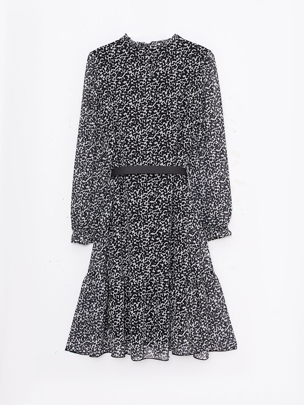 Siyah Dik Yaka Desenli Uzun Kollu Şifon Kadın Elbise-5