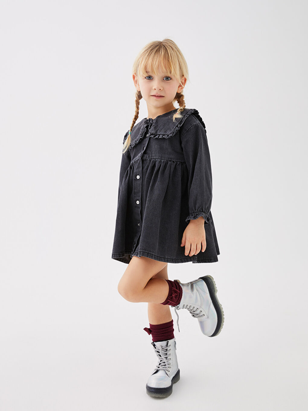 Gri Bebe Yaka Uzun Kollu Basic Kız Bebek Jean Elbise-1