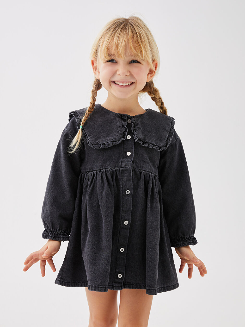 Gri Bebe Yaka Uzun Kollu Basic Kız Bebek Jean Elbise-3