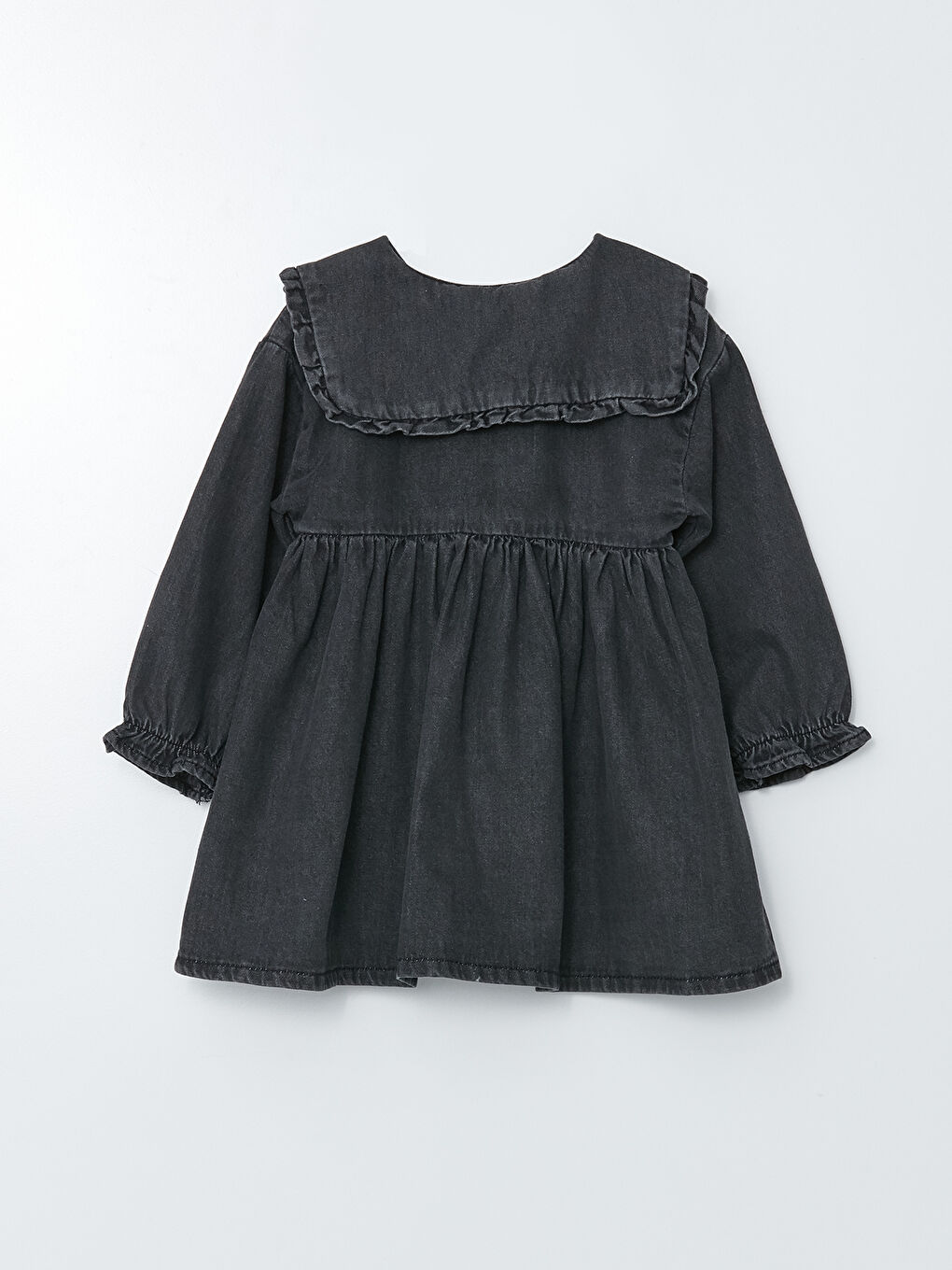 Gri Bebe Yaka Uzun Kollu Basic Kız Bebek Jean Elbise-5