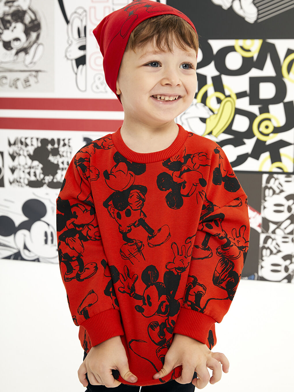 Kırmızı Bisiklet Yaka Uzun Kollu Mickey Mouse Baskılı Erkek Bebek Sweatshirt