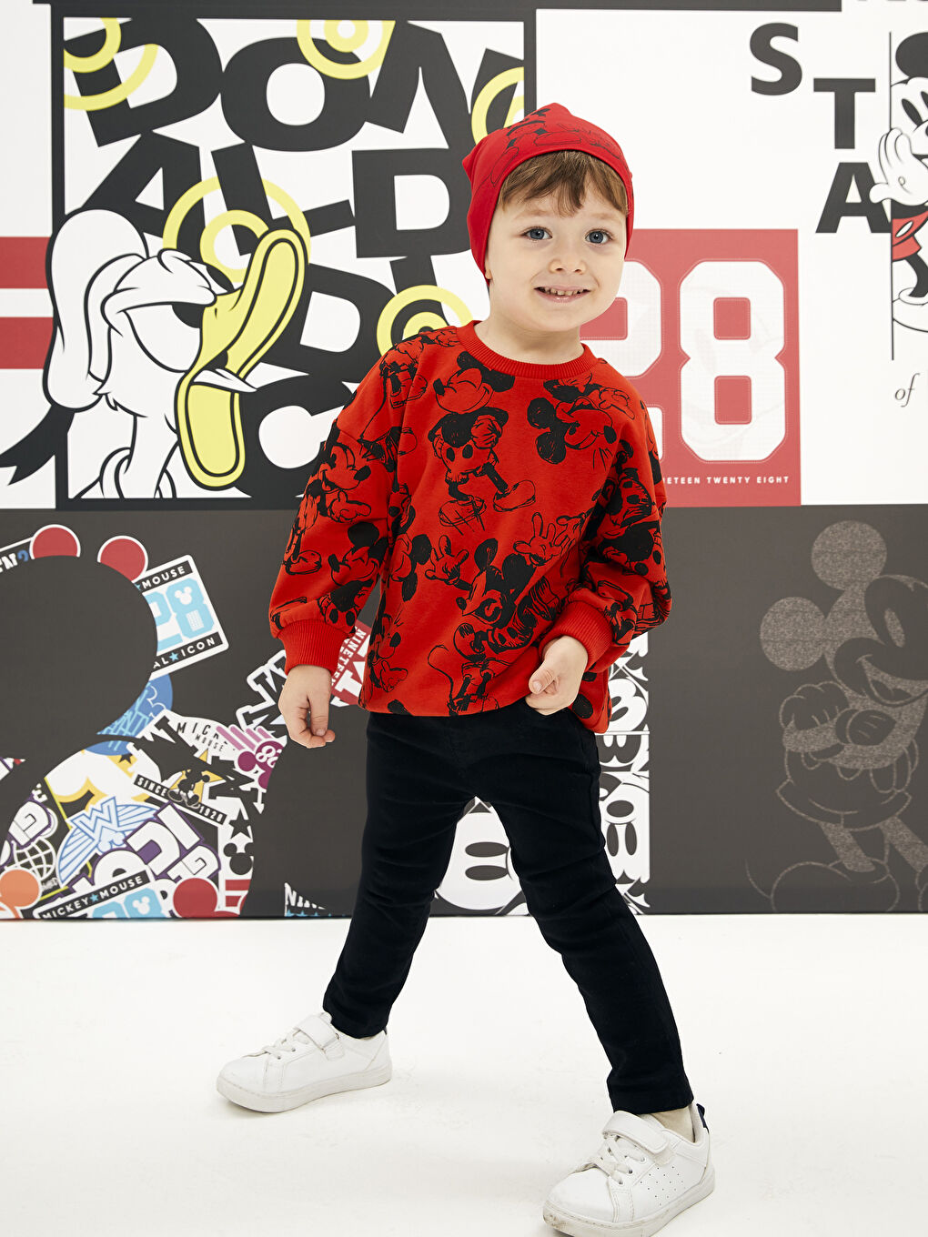 Kırmızı Bisiklet Yaka Uzun Kollu Mickey Mouse Baskılı Erkek Bebek Sweatshirt-3
