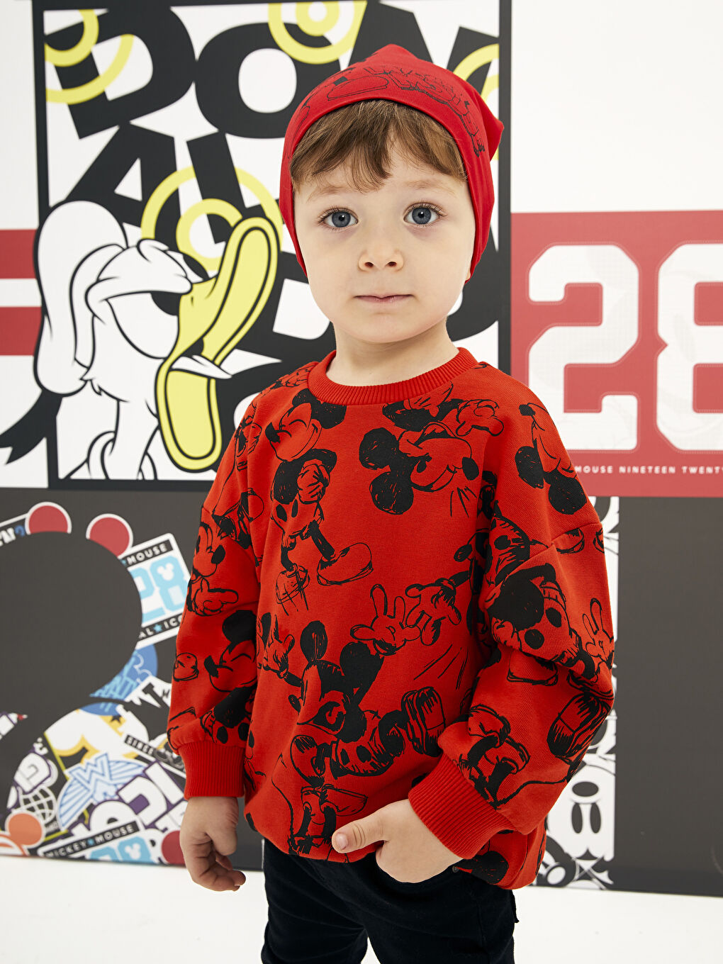 Kırmızı Bisiklet Yaka Uzun Kollu Mickey Mouse Baskılı Erkek Bebek Sweatshirt-4