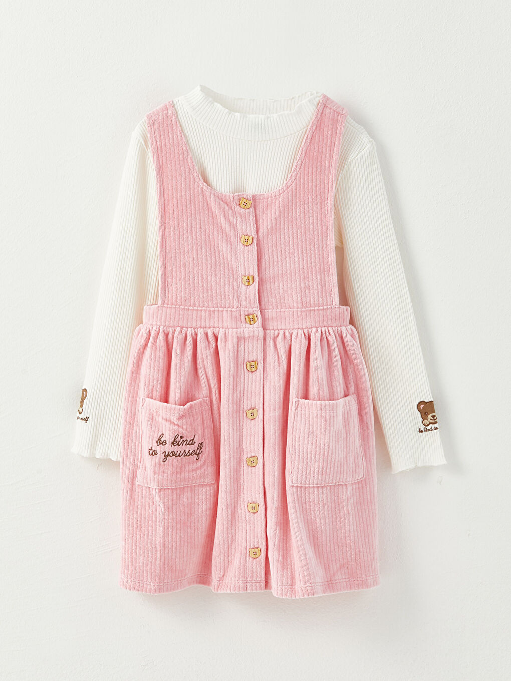 Rundhalsausschnitt Besticktes Langarm Mädchen T-Shirt und Samtkleid