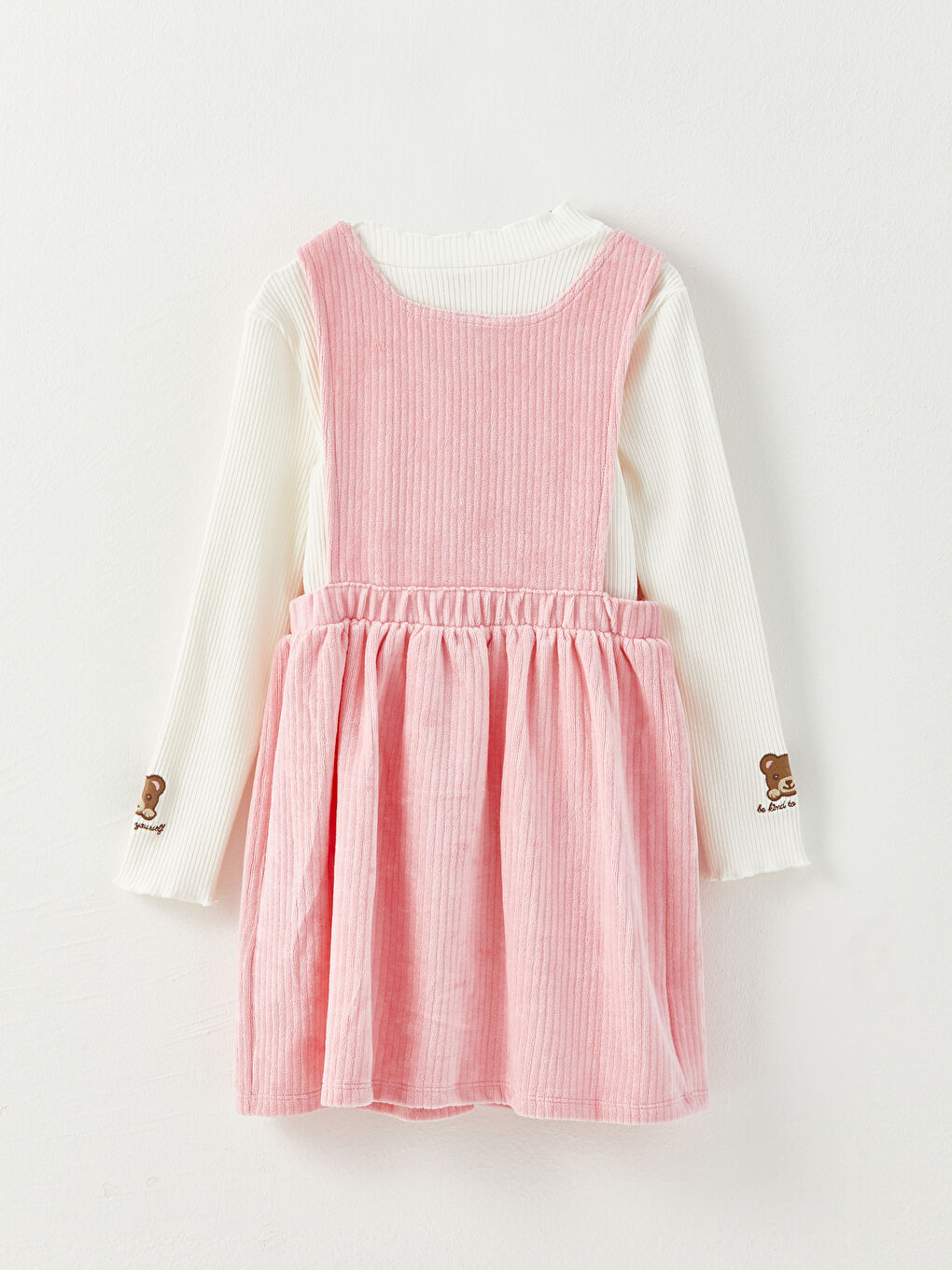 Rundhalsausschnitt Besticktes Langarm Mädchen T-Shirt und Samtkleid-1