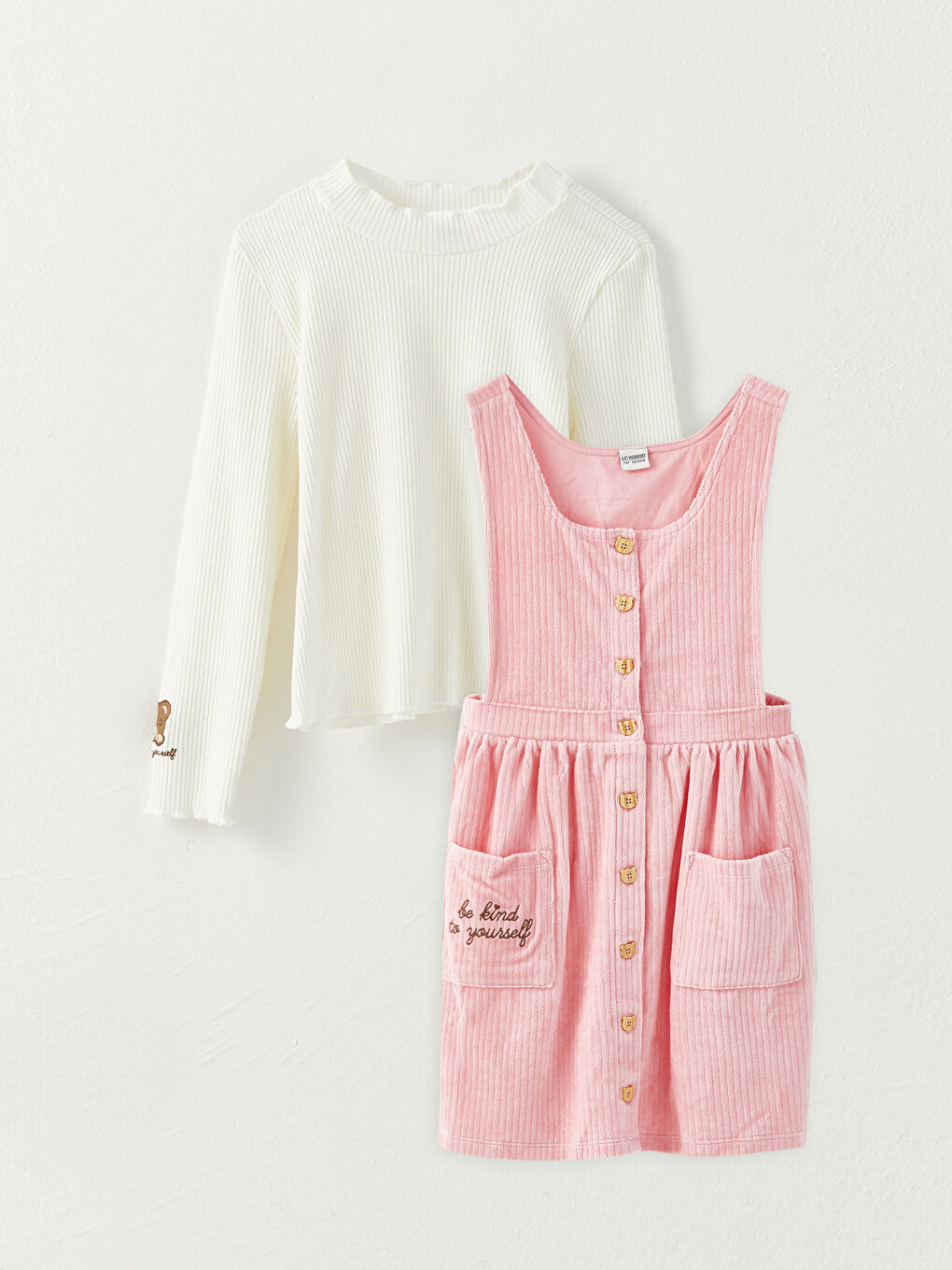 Rundhalsausschnitt Besticktes Langarm Mädchen T-Shirt und Samtkleid-2