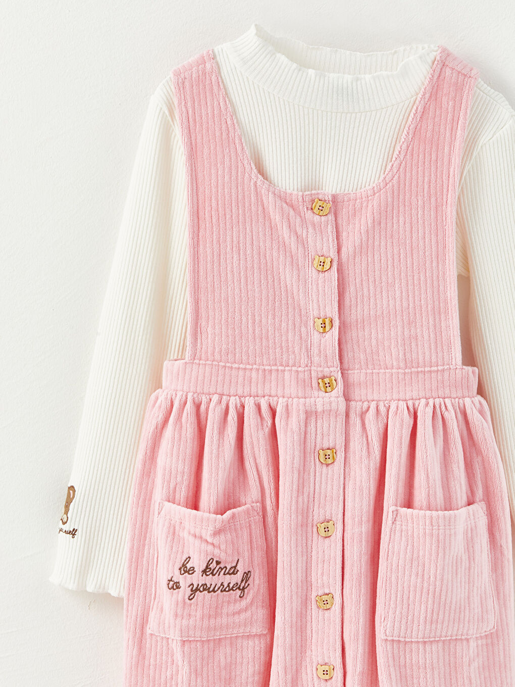 Rundhalsausschnitt Besticktes Langarm Mädchen T-Shirt und Samtkleid-4