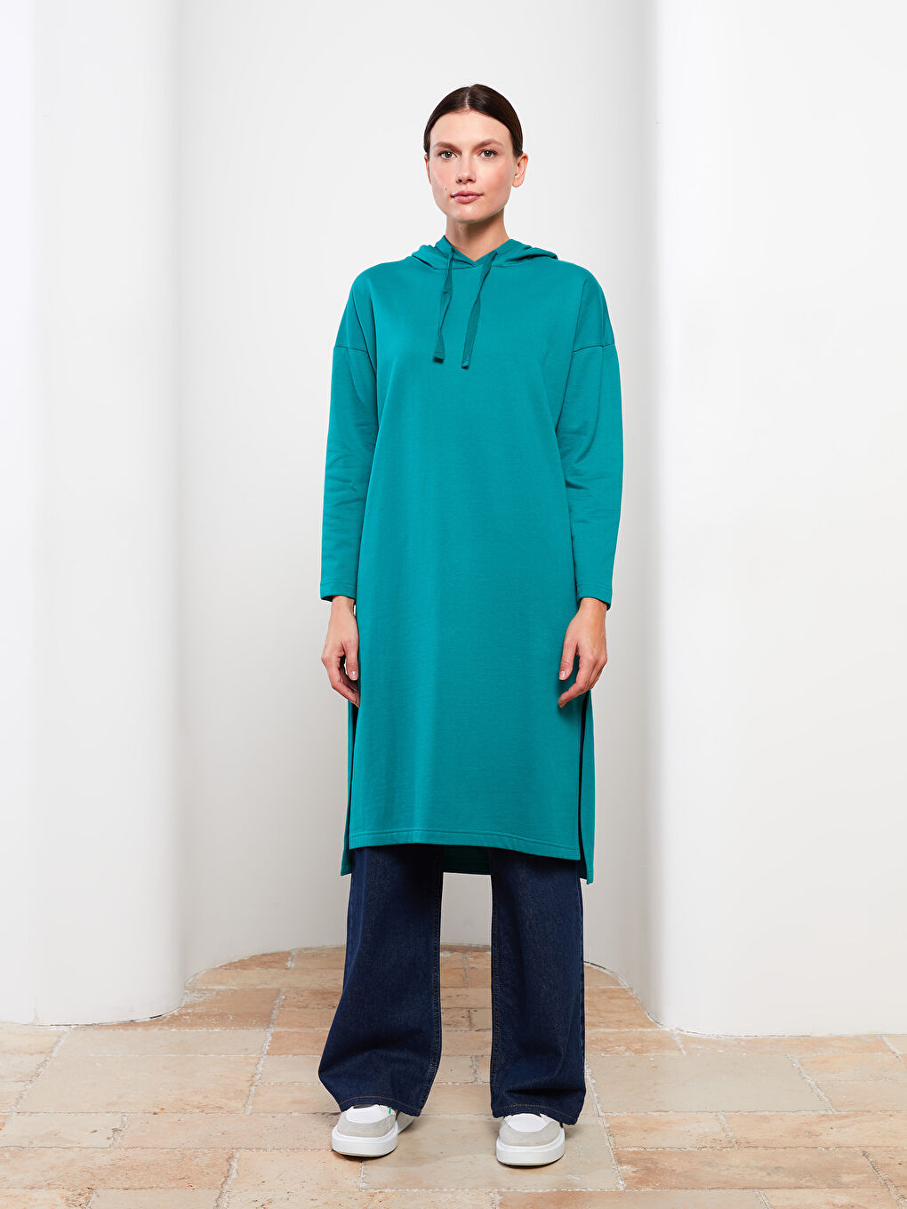 Hooded Plain Long Sleeve Oversize Women's Sweatshirt Tunic -W2FF85Z8-TZS