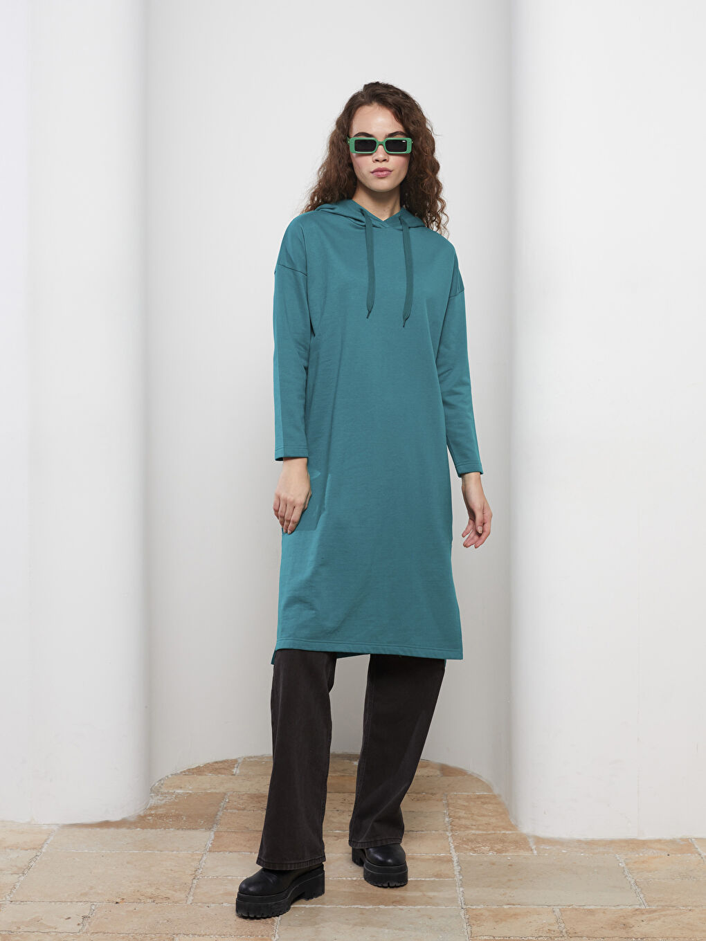Hooded Plain Long Sleeve Oversize Women's Sweatshirt Tunic -W2FF85Z8-TZS