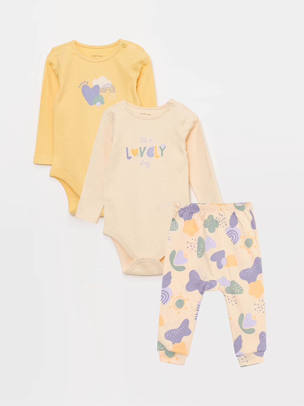 Bej Bisiklet Yaka Uzun Kollu Baskılı Kız Bebek 3'lü Takım