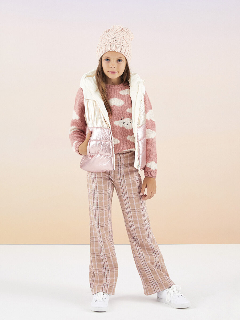 Kahverengi Beli Lastikli Ekose Geniş Paça Kız Çocuk Pantolon