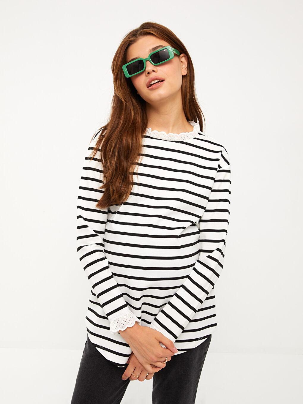 Siyah Fırfırlı Dik Yaka Çizgili Uzun Kollu Hamile Tunik-1