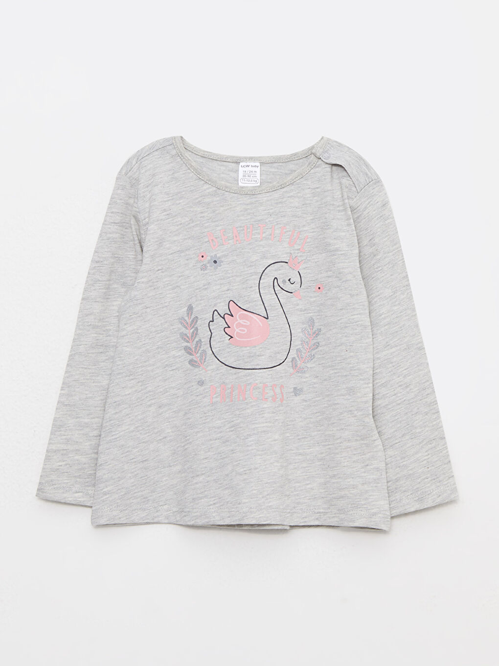 Gri Bisiklet Yaka Uzun Kollu Baskılı Kız Bebek Tişört