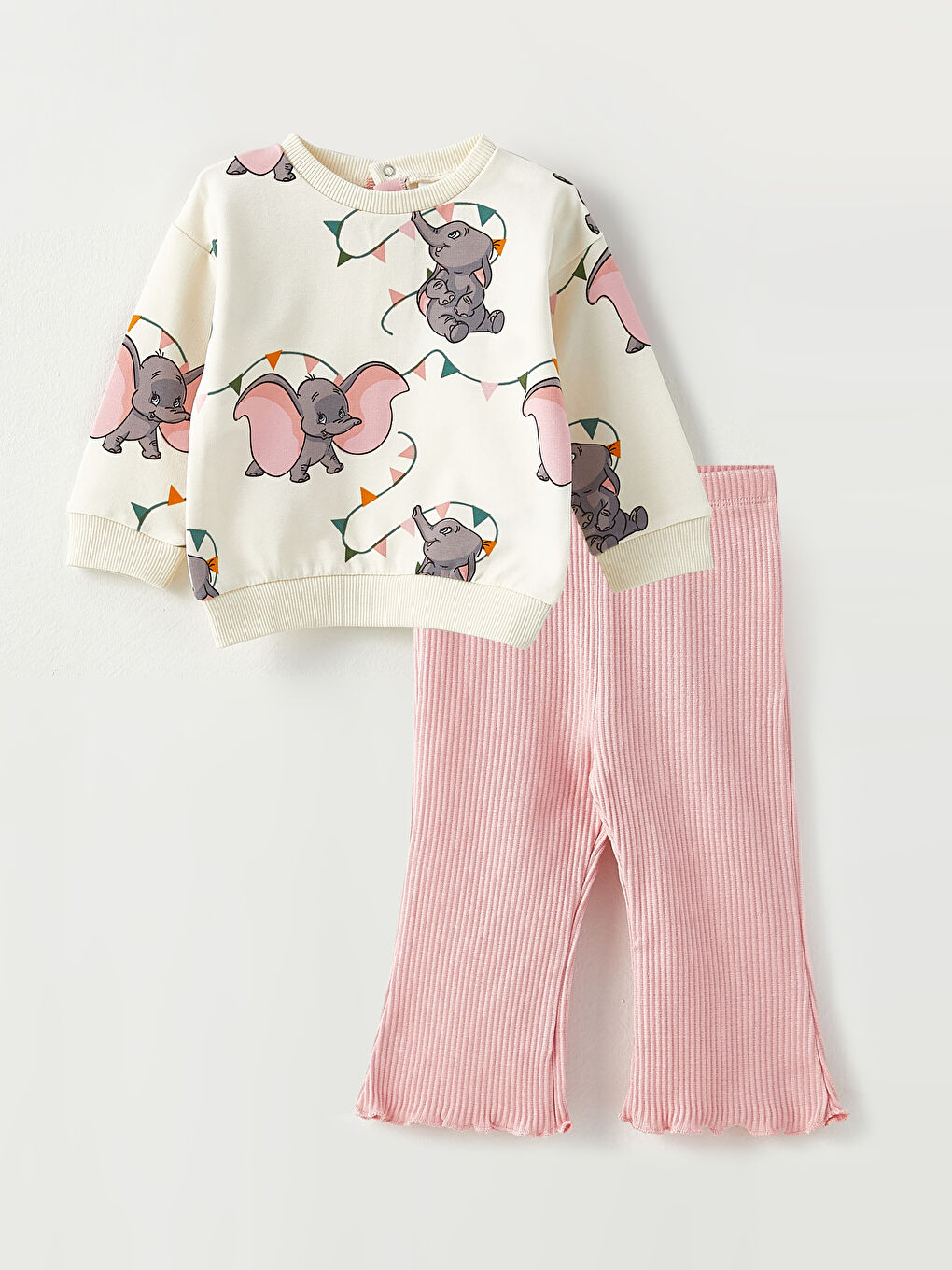 Bej Bisiklet Yaka Uzun Kollu Dumbo Baskılı Kız Bebek Takım 2'li