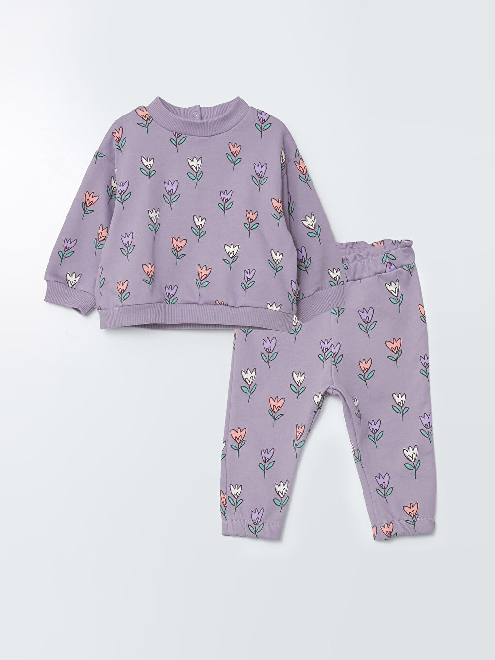 Lila Bisiklet Yaka Uzun Kollu Baskılı Kız Bebek 2'li Takım