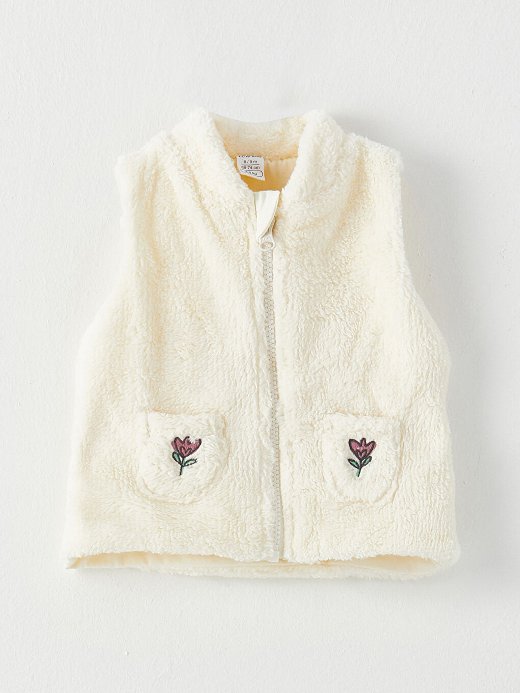 Ekru Dik Yaka Nakış Detaylı Kız Bebek Pelüş Yelek