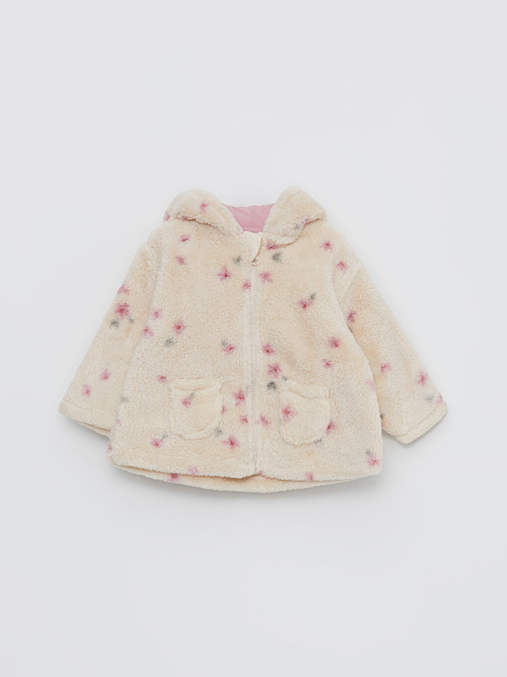 Bej Kapüşonlu Uzun Kollu Desenli Pelüş Kız Bebek Mont