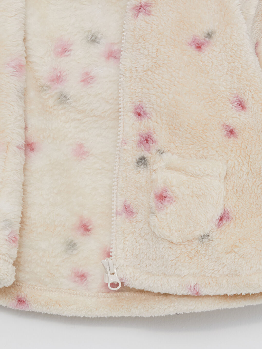 Bej Kapüşonlu Uzun Kollu Desenli Pelüş Kız Bebek Mont-1