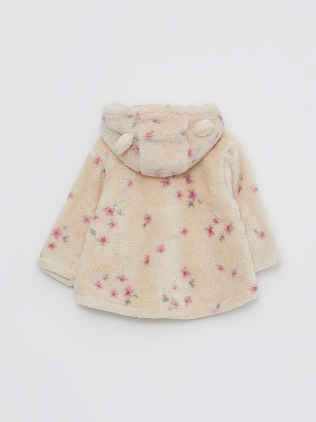 Bej Kapüşonlu Uzun Kollu Desenli Pelüş Kız Bebek Mont-2