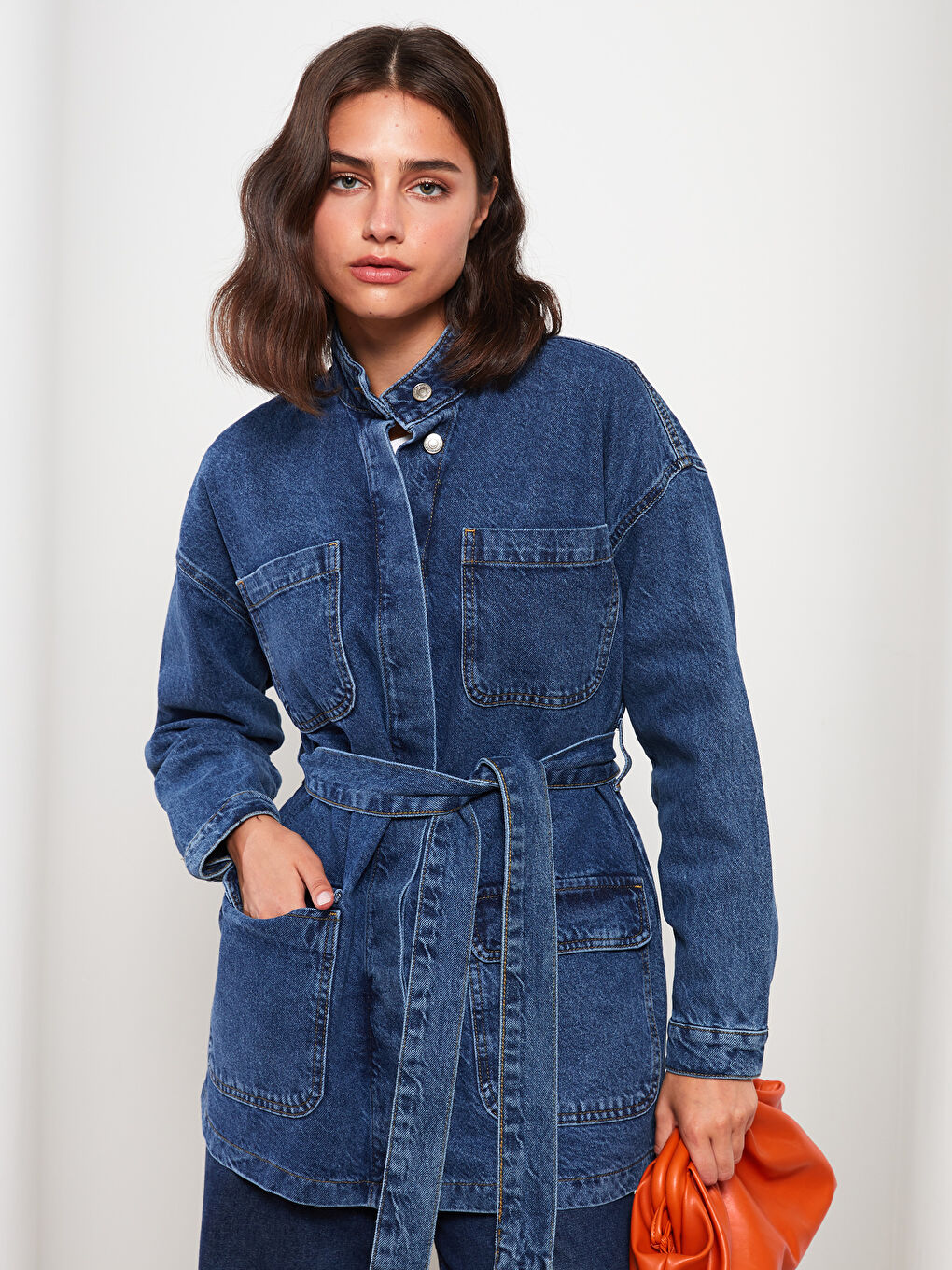 İndigo Dik Yaka Düz Uzun Kollu Kadın Jean Ceket-1