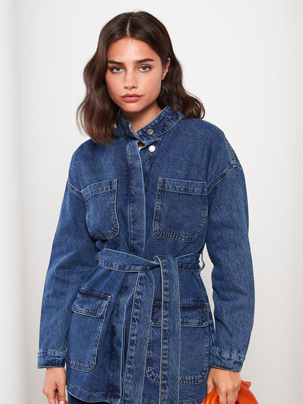 İndigo Dik Yaka Düz Uzun Kollu Kadın Jean Ceket-2