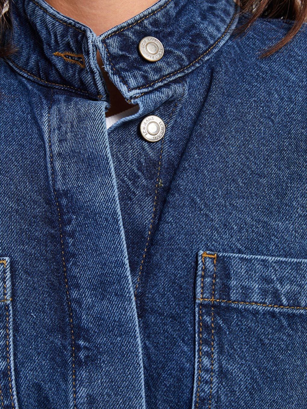 İndigo Dik Yaka Düz Uzun Kollu Kadın Jean Ceket-3
