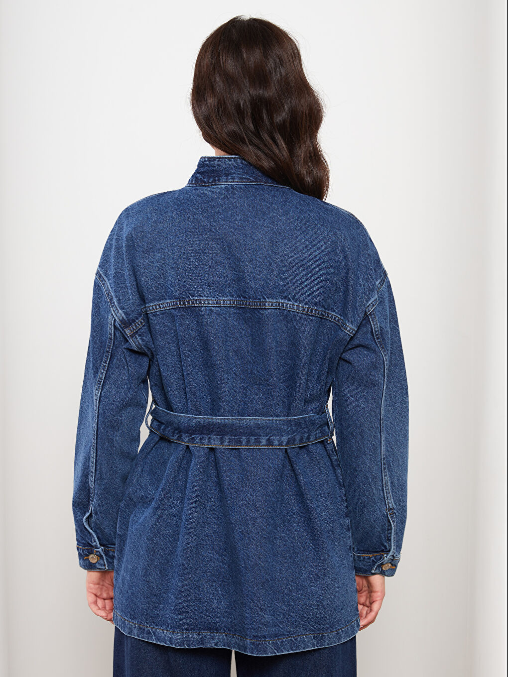 İndigo Dik Yaka Düz Uzun Kollu Kadın Jean Ceket-4