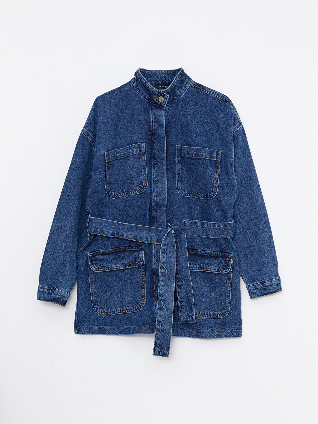 İndigo Dik Yaka Düz Uzun Kollu Kadın Jean Ceket-5