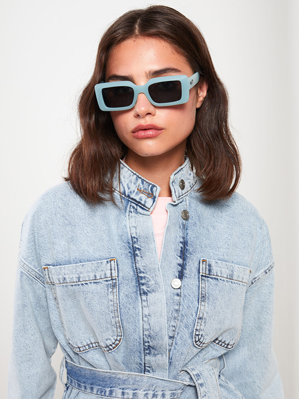 İndigo Dik Yaka Düz Uzun Kollu Kadın Jean Ceket-2