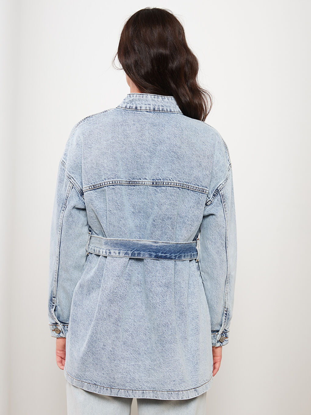 İndigo Dik Yaka Düz Uzun Kollu Kadın Jean Ceket-4