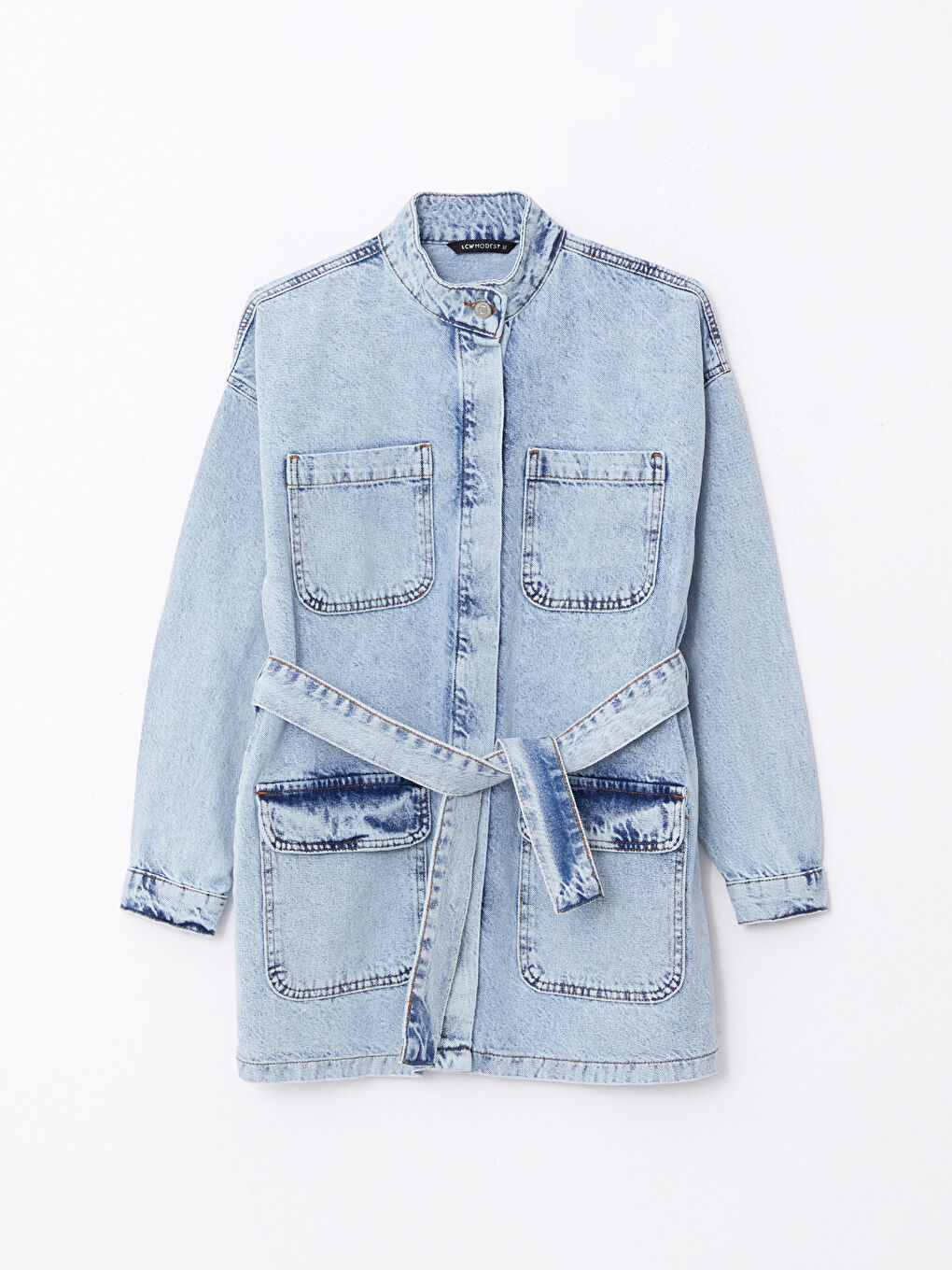 İndigo Dik Yaka Düz Uzun Kollu Kadın Jean Ceket-5