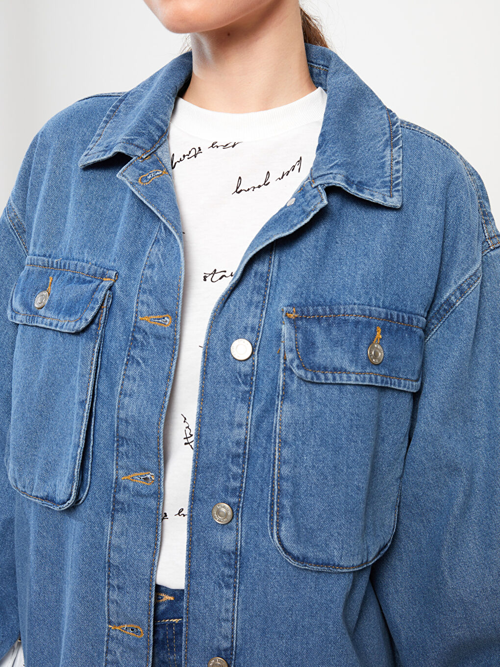 Collared Neck Women's Denim Jacket-3