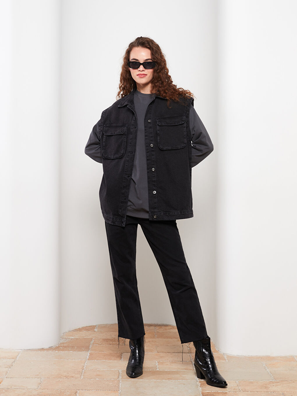 Siyah Kadın Gömlek Yaka Düz Jean Yelek