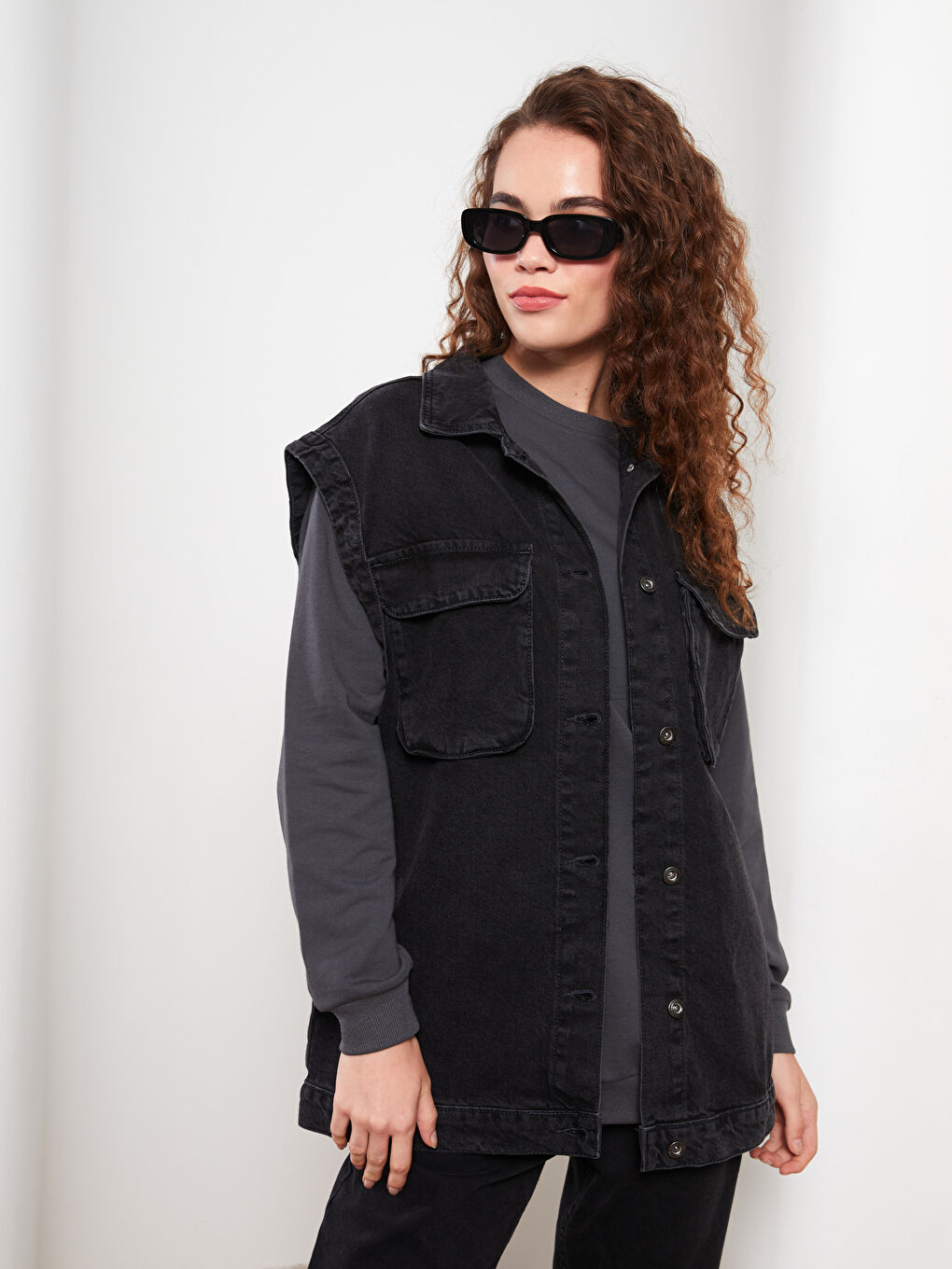 Siyah Kadın Gömlek Yaka Düz Jean Yelek-2